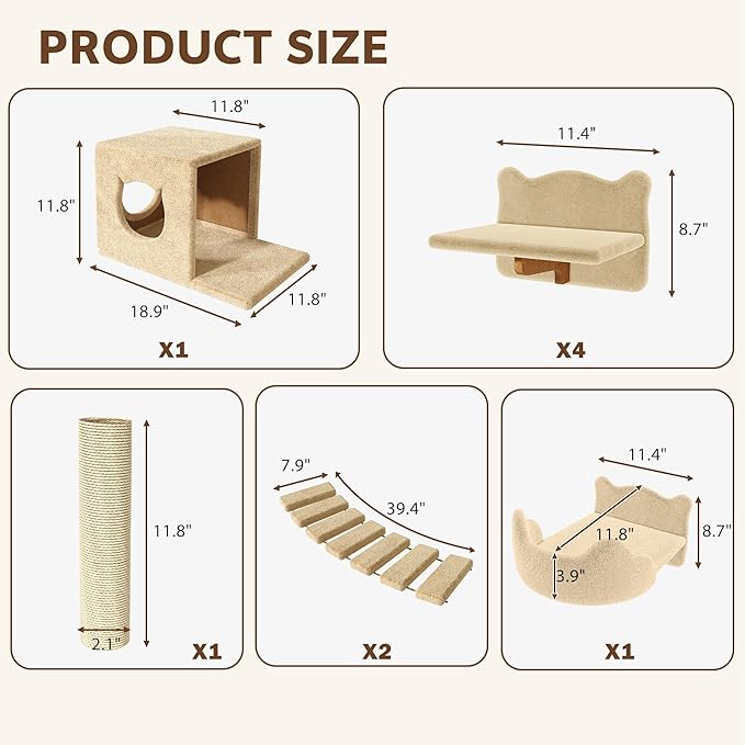Cat Wall Shelves, Wall Mounted Cat Shelf Furniture with Plush Fabric (9 Piece Set), Cats Furniture with Condos, House, Steps, Bridge Ladder, Scratching Post, Beige