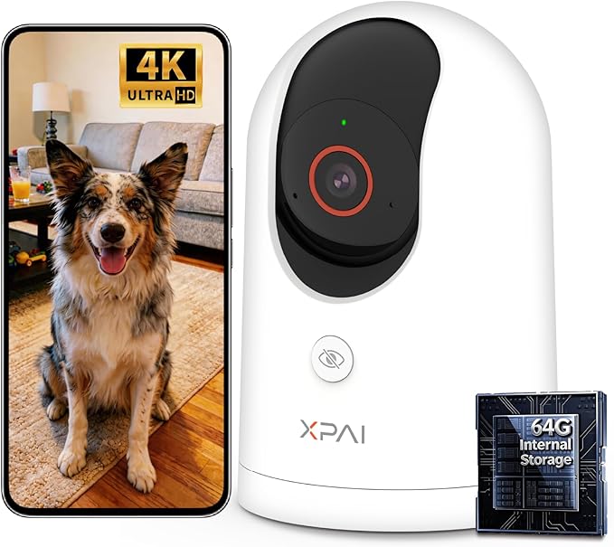 4K UHD Indoor Camera, 64G Built-in Storage No Subscription,Pet Camera Indoor with Phone App,Work as Baby Monitor/Cat/Dog Camera,360°Pan&Tilt,Two-Way Talk,Privacy Mode,AI Tracking/Detection