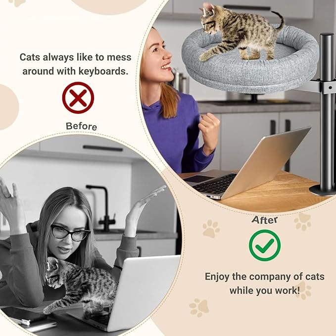 Cat Desk Bed, 360° Rotating & Height Adjustable Cat Hammock, Metal Bracket Supports to 40 lbs, Removable&Washable, Kitten Bed for Desk