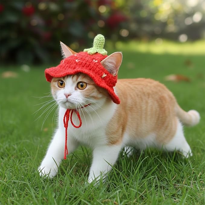 2Pcs Hat for Cat, Cat Hats for Cats Only Cotton & Soft Cute Knitted Hats Cats Apparel for Birthday Party Christmas Easter Travel Clothes Accessories (Strawberry and Flower)