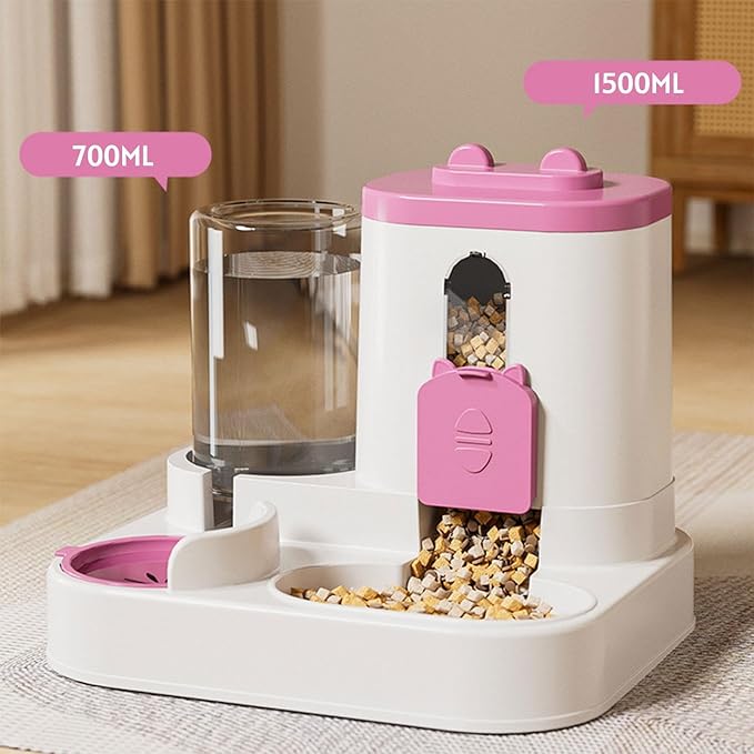 Automatic Pet Feeder and Waterer, 2-in-1 Food and Water Dispenser for Cats, Kittens, Small Medium Dogs, Pink