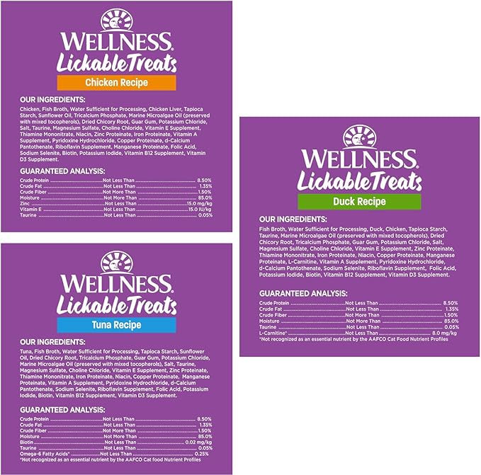 Wellness Lickable Treats Soft Puree Natural Grain Free Adult Cat Treats, Variety Pack, Contains 18-0.4 Ounce Squeezable Tubes (Chicken,Duck & Tuna)