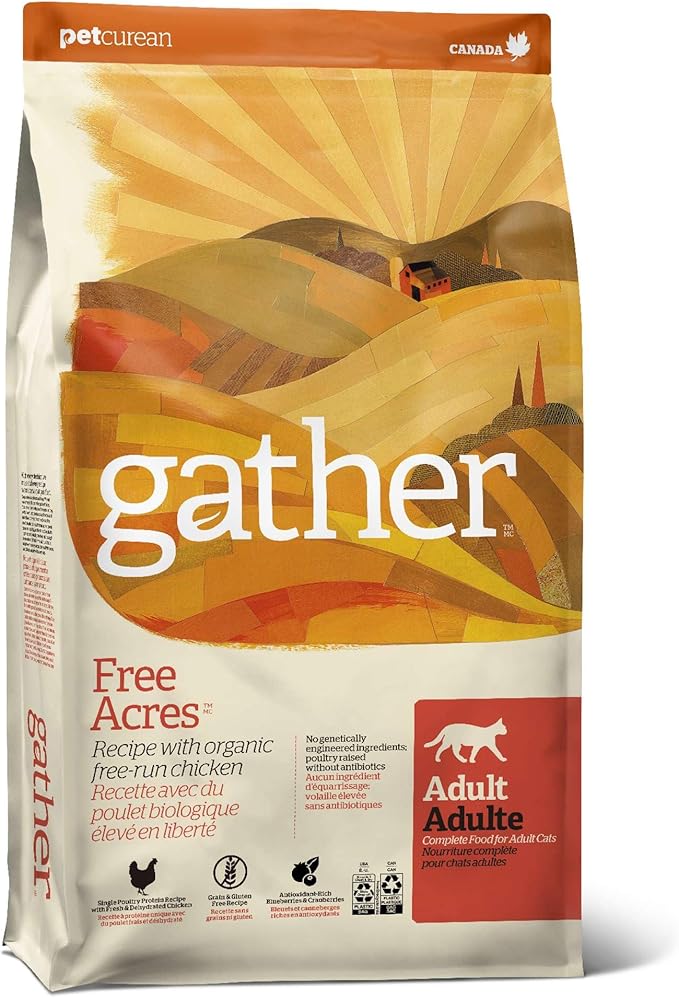 GATHER Free Acres Free-Run Chicken Grain-Free & Gluten-Free Dry Cat Food, Healthy Kibble Made with USDA Certified Organic & Non-GMO Ingredients, for Adults & Seniors, 4 lb Bag