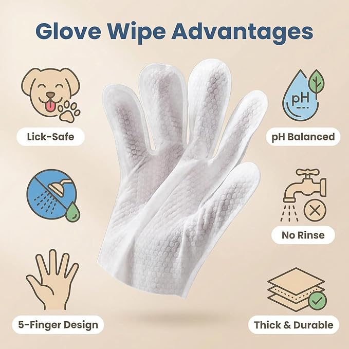 Pet Cleaning Gloves (6 Count) | Extra Thick Disposable Grooming Gloves with Aloe & Jojoba Oil, Waterless No-Rinse Odor Control, Lick-Safe Five-Finger Design for Cats & Dogs