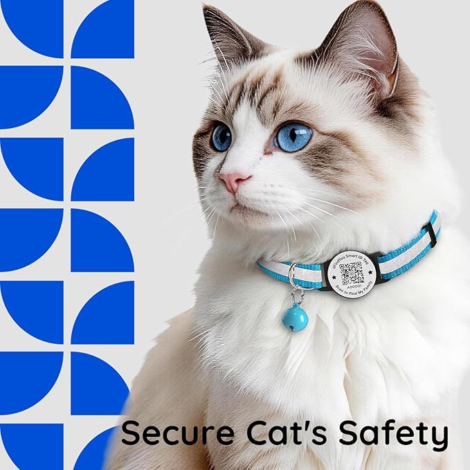 Breakaway Cat Collar with Safety Bell & Reflective Strips | QR Code ID Tag & Name Plate | Adjustable for Kittens Blue