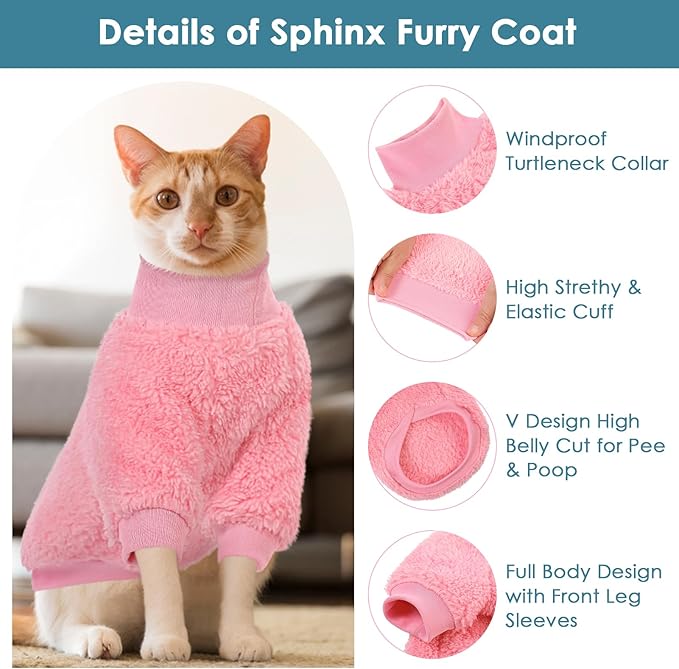 Sphynx Cat Sweater, Hairless Cats Turtleneck Pullover Kitten Sweaters for Cats Only, Warm and Soft Cat Pajamas Shirt with Sleeves Pet Winter Clothes Fleece Jumpsuit for Puppy, Pink L