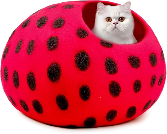 Woolygon Premium Felt Cat Cave Bed – Wool Kitty Beds Handcrafted Kitten Caves Bed for Indoor Cats - Made from Merino Wool, Foldable Cat Hideaway Covered Cat House Pod (Red Polka)
