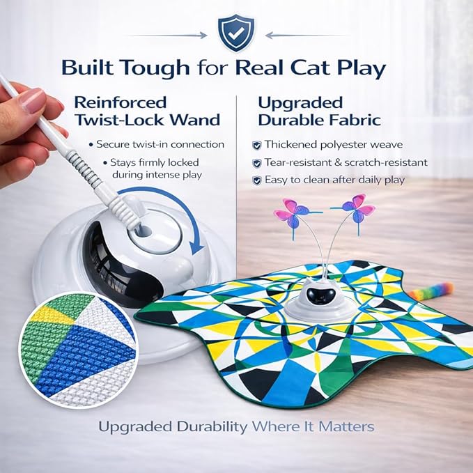 Interactive Cat Toy for Indoor Cats, Rechargeable 3-in-1 Hide and Seek Cat Toy with Spinning Butterfly & Plush Tail, Ultra-Quiet Touch Activated Self Play Cat Exercise Toy for Adult Cats & Kittens