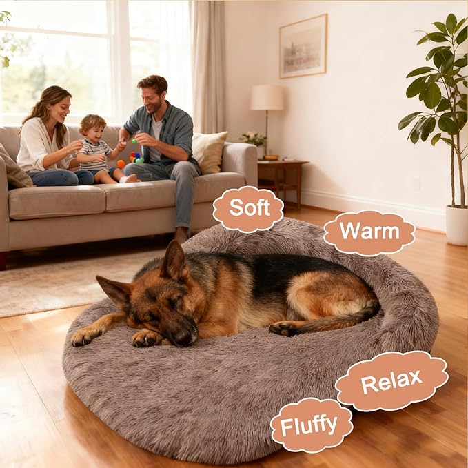 Orthopedic Dog Bed with Egg-Crate Base, Calming Dog Beds Fluffy Plush Faux Fur with Raised Edges, Spine Friendly Pet Sleeping Mat for Medium Large Dogs, Machine Washable (Oval, Brown 32"x24")