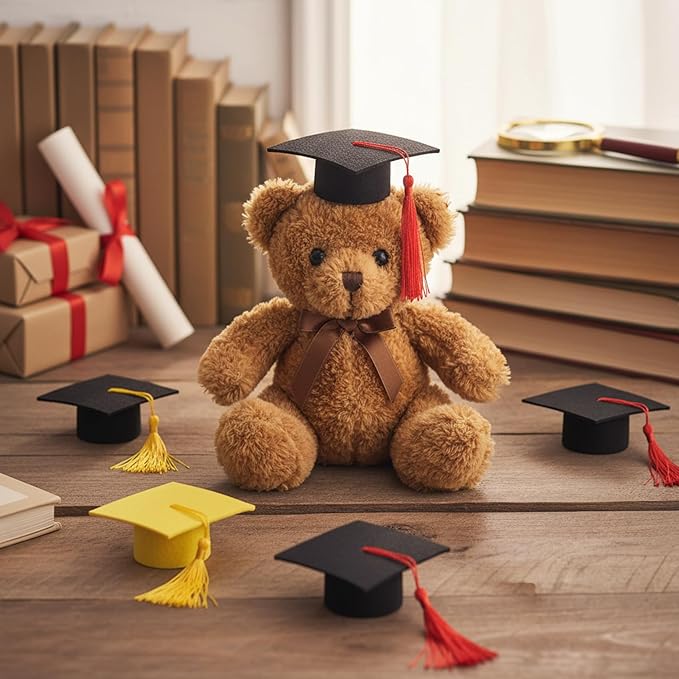 Mini Graduation Caps with Gold and Red Tassel, 2 Pack Black Mini Graduation Caps, Small Animal Bachelor Hats for Adjustable Pet Graduation Photo Props Cat Dog Holiday Costume Accessories