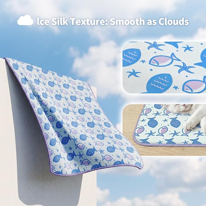 NWK Pet Cooling Mat -Q-Max>0.345 Ice Silk Cooling Mat for Dogs & Cats Portable & Washable Pet Cooling Blanket, Car Seats, Beds for Summer (Purple Fish, 20'' X 16'' X 0.3'')