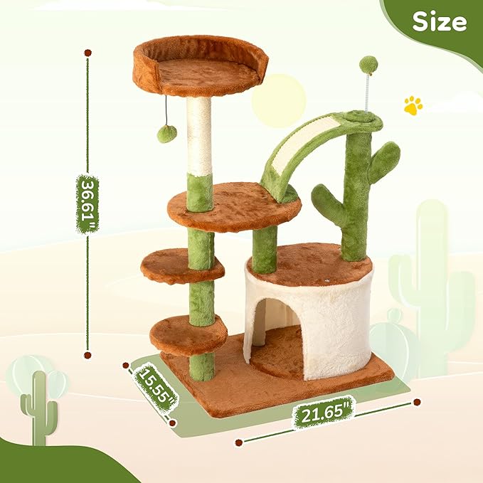 Cactus Cat Tree for Indoor Cats, 36.6" Small Cat Tower with Sisal Scratching Posts, Stable Cat Condo with Perches and Climbing Steps, Brown