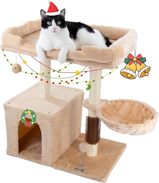 28.4" Small Cat Tree Tower,Cat Scratching Post for Indoor Cats,Featuring with Cat Cave & Cozy Perch,Cat Self Groomer and Interactive Dangling Ball Great for Kittens/Cats (Beige, Large)