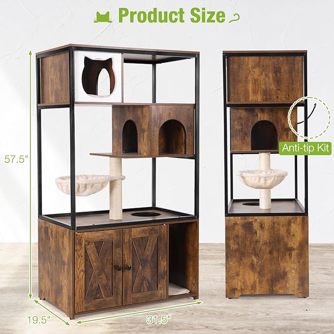 GUTINNEEN Cat Litter Box Enclosure with 4 Levels Cat Tree, 57.5 Inch Indoor Hidden Covered Cat Beds & Furniture, Cat House for Multi Small Pet Large Kitten Kitty