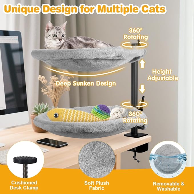 Double Cat Desk Bed - 2 Large Layers Cat beds with 360° Rotating & Adjustable Height, 16.5 inch Kitten Nest for Desktop with 2 Washable Soft Covers, Kitten Hammock Bed Mount for Home Office Grey