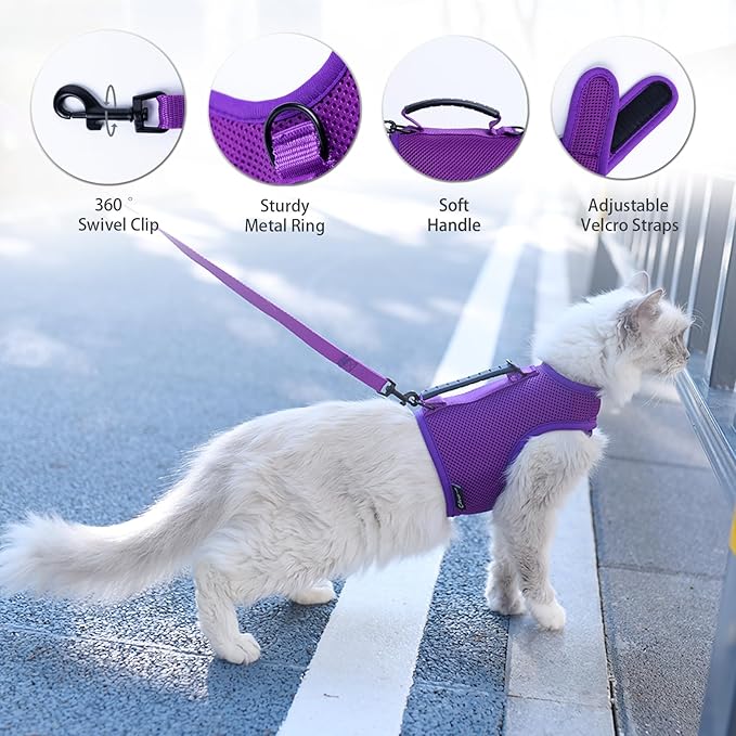 Kitty Harness and Leash for Walking Escape Proof Breathable Mesh Fabric, Purple, X-Small, Adjustable Cat Walking Jackets with Handle, Padded Stylish Cat Vest