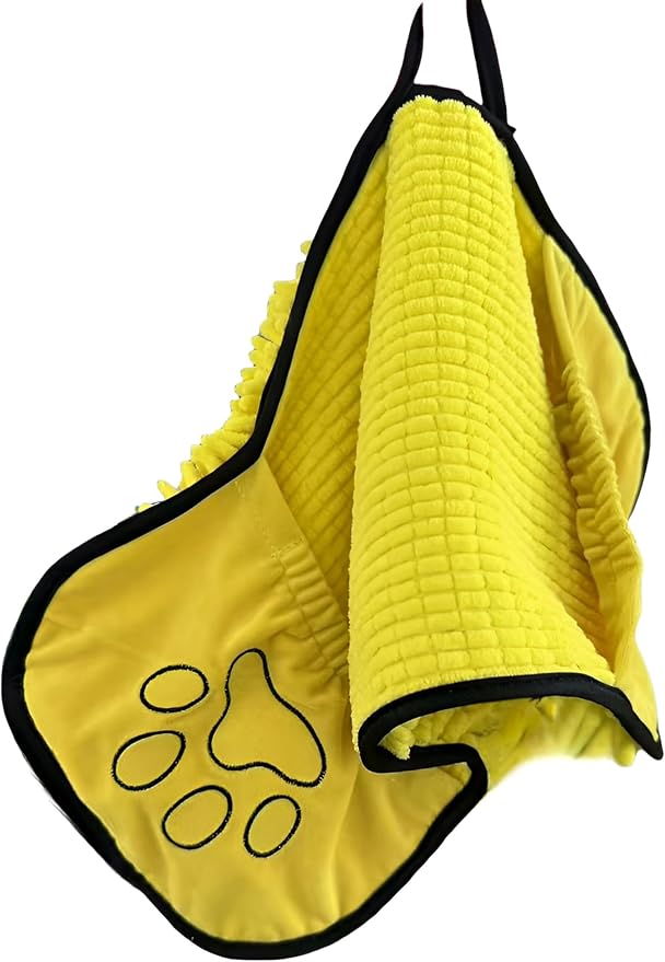 Super Absorbent Dog Drying Towel - 24.4''x10'' Chenille Microfiber Pet Bath Towel with Dual Hand Pockets, Quick Dry Soft Grooming Towel for Small Medium Large Dogs and Cats, Machine Washable (Yellow)