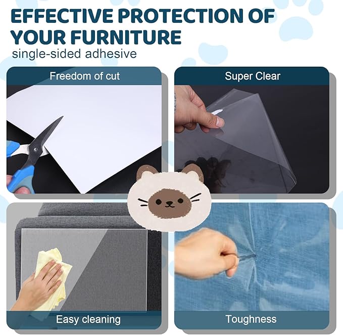Cat Scratch Furniture Protector, Cat Scratching Mat, Trimmable Self-Adhesive Cats Claws Scratch Pads, DIY Carpet Mat Replacement for Cats Tree, Cats Wall Shelves (Transparent, 12x196.8in)