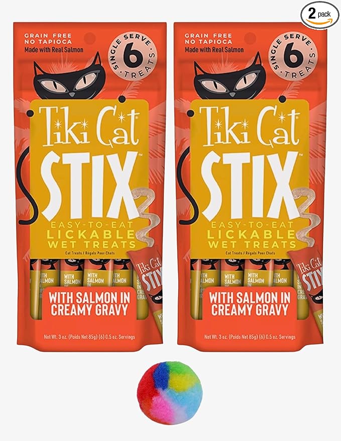 Tiki Cat Stix Wet Treats, Grain Free Lickable Smooth Mousse Blend with Salmon in Creamy Gravy 6 Stix in 1 Pouch (Pack of 2) with 1 Cat Pom Pom Ball Toy