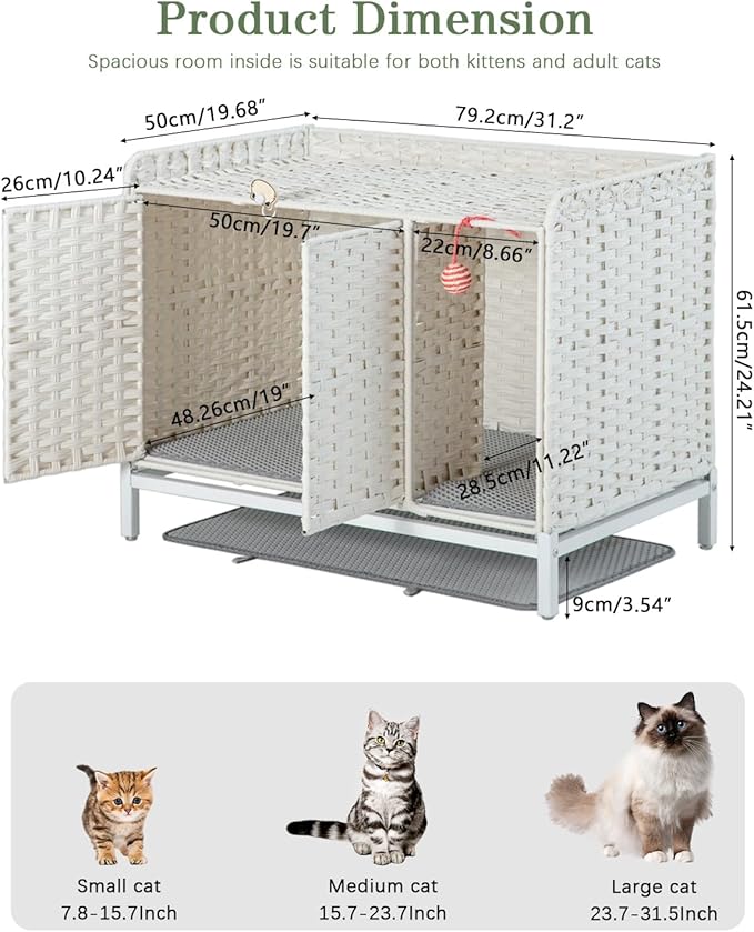 SETVSON Cat Litter Box Enclosure Furniture with Divider, Handwoven Rattan Litter Box with Mat, 31.2 x 19.6 x 24.2 Inches, Metal Heightened Feet, Hidden Cat House for Living Room, Bedroom (White)