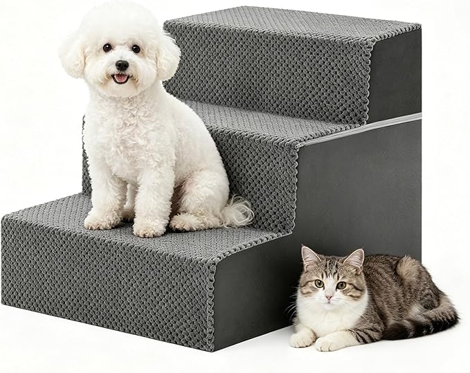 DUMOS Dog Stairs for Small and Medium Dogs, 3-Step Pet Steps with High-Density Foam, Indoor Non-Slip Pet Ramp for Puppy and Older Dogs Cats, Dog Bed Stairs for Couch and Sofa(Grey)