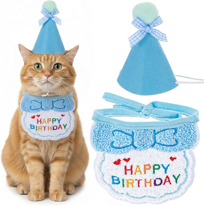 Tyqour Cat Birthday Hat Birthday Hats for Stuffed Animals Dog Party Hat Birthday Party Decorations Set for Small Medium Cats & Dogs (Blue)
