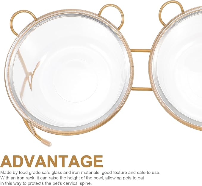 Glass Double Cat Food Bowl with Bright Gold Iron Rack Raised Pet Feeding Dish for Dogs and Cats, Sturdy Raised Glass Bowl Set for Indoor Feeding and Watering