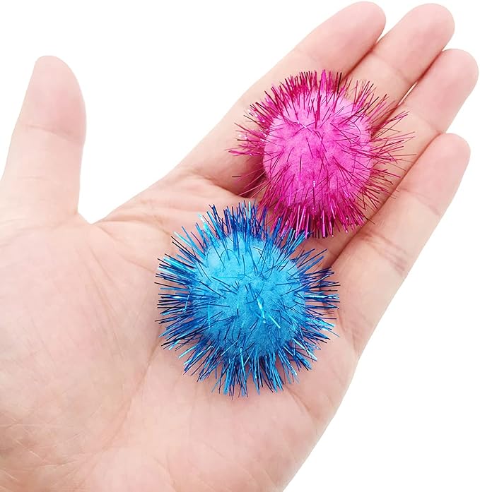 24 Pcs Cat Ball Toys, 1.8 Inch Sparkle Ball, Tinsel Glitter Pom Pom Cat's Favorite Toys, Random Color
