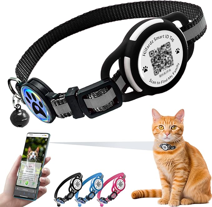 Cat Collar with Airtag Holder & QR Code Tag, Reflective Breakaway Kitten Collar with Quick Release Buckle, Adjustable Nylon Safety Collar for Indoor Outdoor Cats (Black)