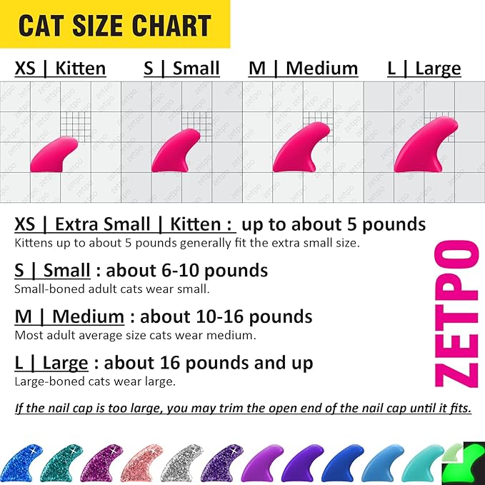 zetpo 12 Colors / 120 pcs Cat Claw Covers | Cats Nail Caps with Adhesives and Applicators (M)