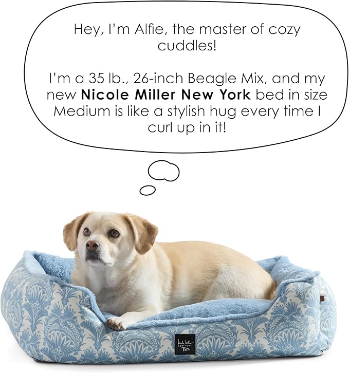 Nicole Miller New York PET Mod Damask Plushy Bolster Pet Bed, Cozy & Calming, Non-Slip Bottom, Machine Washable Cover, Grey, Medium 30"x23"x8"