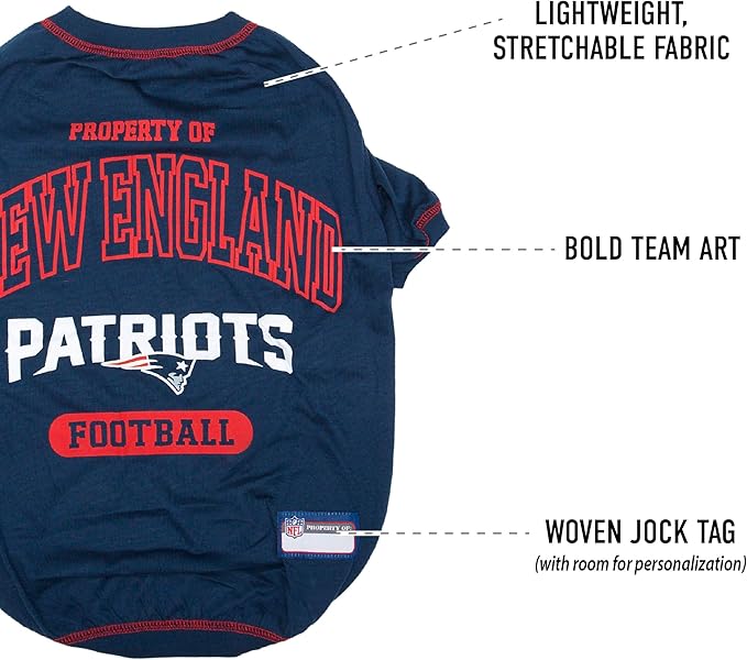 NFL New England Patriots Dog T-Shirt for Pets, Size Small. Officially Licensed Pet Shirt with Team Logo, Soft Stretchable Comfort Fit Apparel for Dogs & Cats