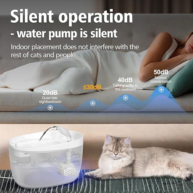 74oz/2.2L Cat Water Fountain, Automatic Indoor Pet Fountain Cat Water Dispenser with Ultra Quiet Pump, 2 Flow Modes, Triple Filter, LED, BPA-Free (White)