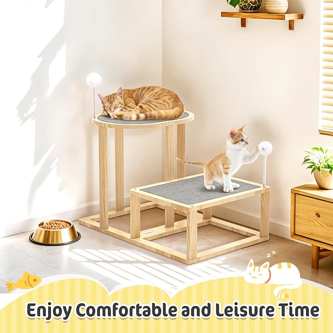 Pawaboo 16.9in Cat Tree Tower, 2-Level Cat Scratch Post with Scratching Mats, Cats Teasers & Hanging Ball, Cats Tree for Indoor Kittens, Natural Wooden Scratcher Beds & Furniture for Kitties