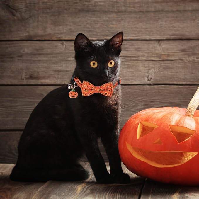 PTDECOR Halloween Cat Collars with Bow Tie Bell, 2 Pack Kitten Collar with Removable Bowtie Halloween Pumpkin Collar for Cats Kittens