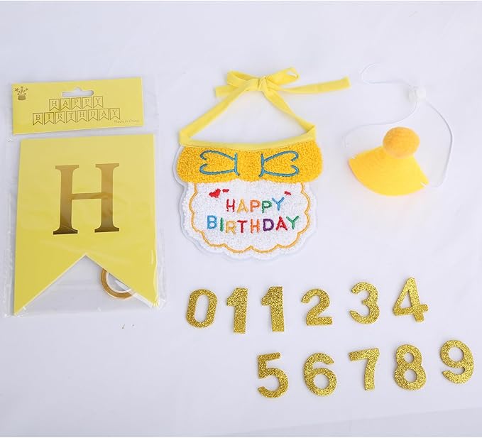 Lasflores Yellow Cat Birthday Supplies Set - Kitten Hat, Number Decor & Happy Birthday Banner Outfits