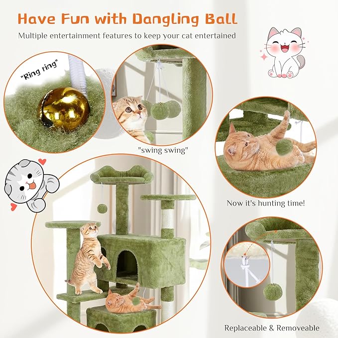 DUMOS 54 Inch Cat Tree Tower, Indoor Multi-Level Pet House for Large Cats Tree with 2 Condos, Scratching Posts, Round Platform, Small Ladder, and Toys, Green