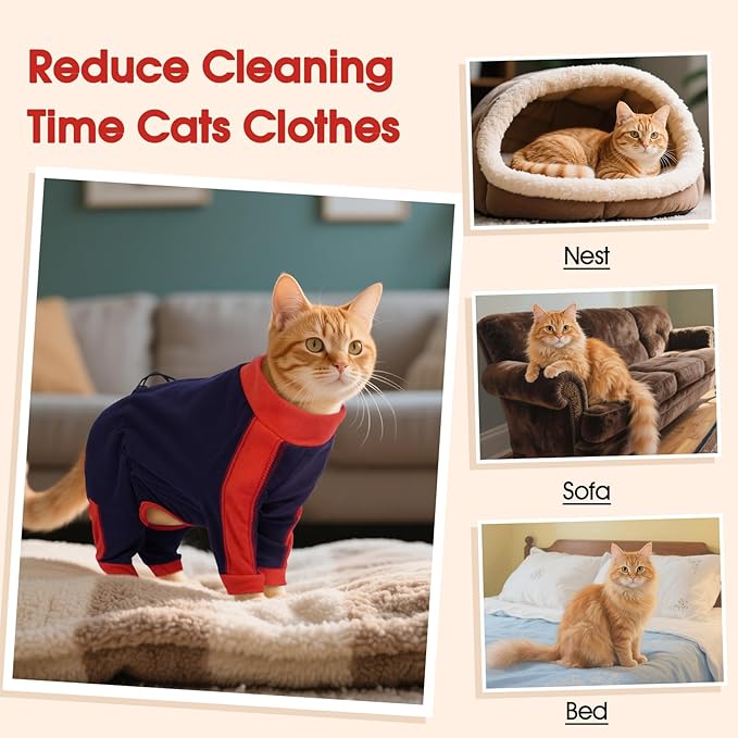 DENTRUN Cat Clothes with Anti-Shedding Fabric - Soft Recovery Suit & Breathable Lint-Resistant Cat Sweater for Wound Care & Hair Control, Kitten Onesie Pajamas, S, Dark Blue