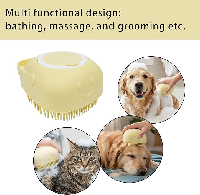 Pet Bath Massage Brush,Pet Bath Brush with Shampoo Dispenser,with Dog Grooming Comb,Suitable for Long and Short haired Dogs and Cats(Yellow)