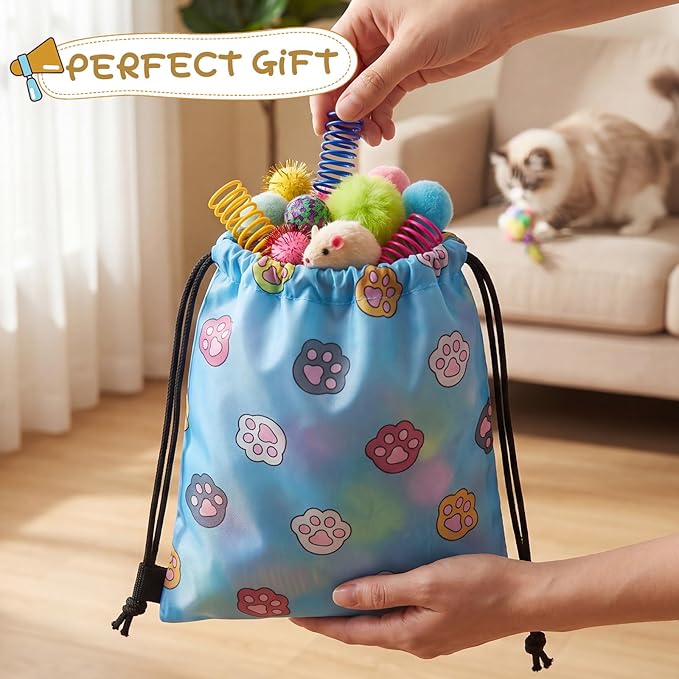 Leitee 100 Pcs Cat Toys Assortment with 1 Gift Storage Bag, Interactive Cat Play Set for Indoor Kitten, Colorful Springs, Mouse Toys, Chew Ropes, Balls, Bells & Sisal Ball (Ball Toy)