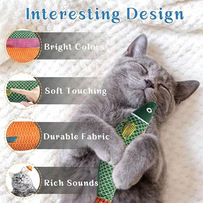 2 Pcs Fish Shaped Catnip Toys Crinkle Sound Cat Chew Toys for Teething Interactive Plush Toys for Indoor Cats Self Play Chew Sticks Bored Relief Perfect Cat Gift (2 Pcs Pack)