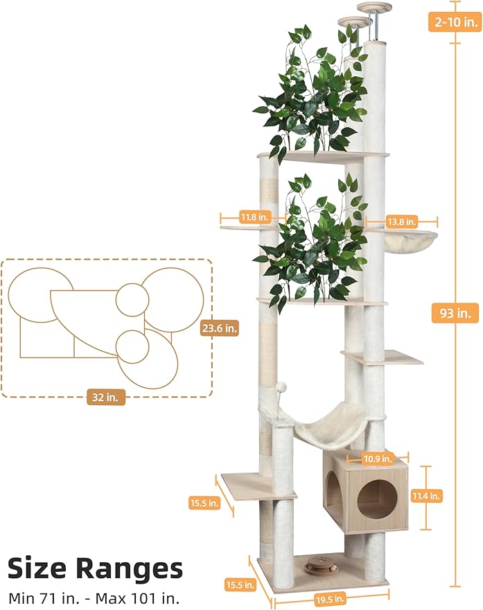Fantasreen Large Cat Tree Floor to Ceiling Tower, Adjustable Height 77-101 Inches Tall, Climbing Cat Activity Furniture with Thickened Posts, Hammock Bed and Condo for Indoor Cats, White