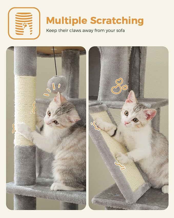 MUTTROS 71" Tall Cat Tree for Large Cat 20 lbs with Super Large Hammock, Heavy Duty Cat Tower with 4 Sisal Scratching Posts & 2 Spacious Condos for Big Adult Cats Maine Coon-Grey