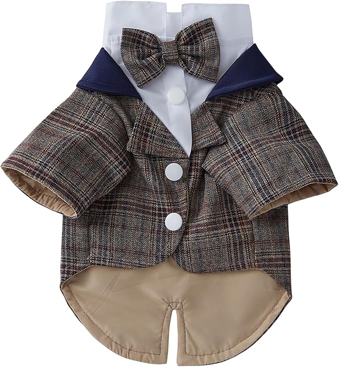 GabeFish Pets Wedding Jackets Suit for Dogs with Bow Tie Puppy Cat Formal Clothes Shirt Tuxedo (Brown, S (Chest 12.9in/33cm))