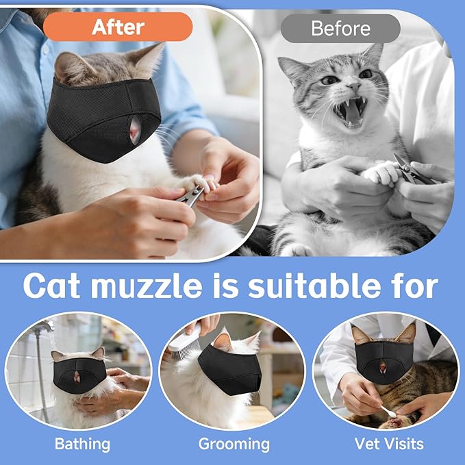 BARKLESS Cat Calming Muzzle for Grooming & Nail Trimming, Oxford Muzzle with Shading Design to Help Calm the Cat Down, Soft Head Cover to Prevent Biting & Scratching (Black, L)