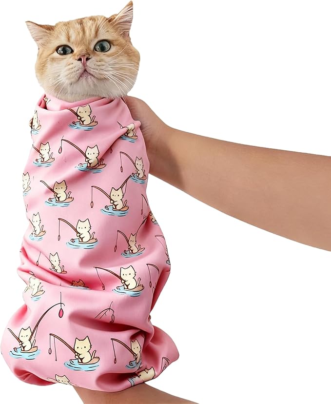 25.6" Cat Grooming Wrap,cat wrap for Cutting Nails,Self-Adhesive cat Swaddle wrap cat Restraint cat wrap Blanket for Medicine, Nail Clipping, Teeth Brushing,Pink Kitten(Within 10lbs)