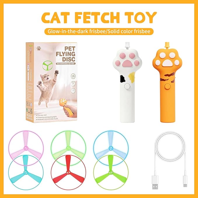 Cat Fetch Toy, Rechargeable Flying Disc Launcher Toy with 6 Flying Discs, Cat Toy Launcher, Flying Bird Cat Toy, Cat Interactive Toys for Outdoor and Indoor (White)
