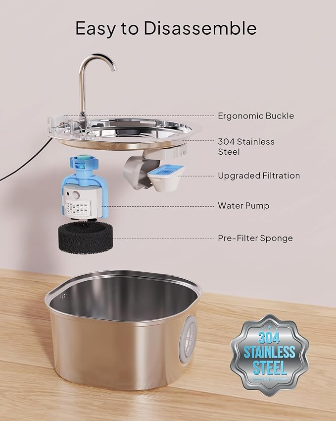 PEKTACO Stainless Steel Cat Water Fountain, 3.2L/108oz Cat Water Dispenser with Quiet Water Pump, Dishwasher Safe Pet Drinking Fountain for Cats with 6 Filters + 6 Sponges