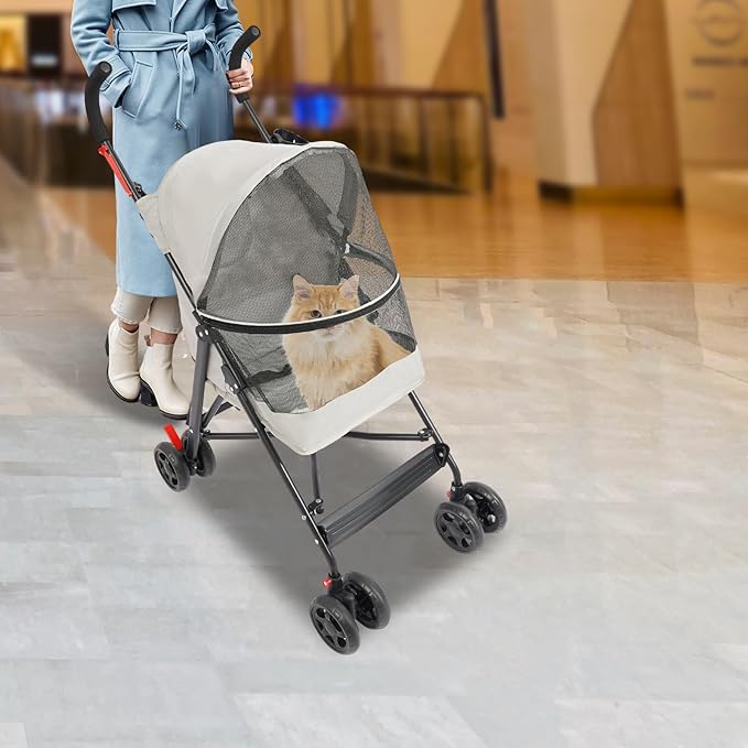 4-Wheel Pet Travel Stroller, Foldable & Lightweight Dog Cat Cage Jogger Stroller, Breathable and Visible Mesh for Small & Medium Dogs & Cats (Up to 22lbs) (White)