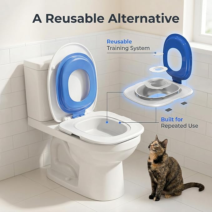 Reusable Cat Toilet Training System,Cat Toilet Trainer with 5 Removable Training Components,Easy Clean ABS Cat Training Seat with Stable Outer Frame,Fits Most Standard Toilet Seats,Blue